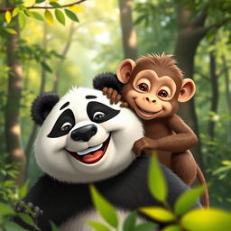 A playful scene featuring a panda and a monkey