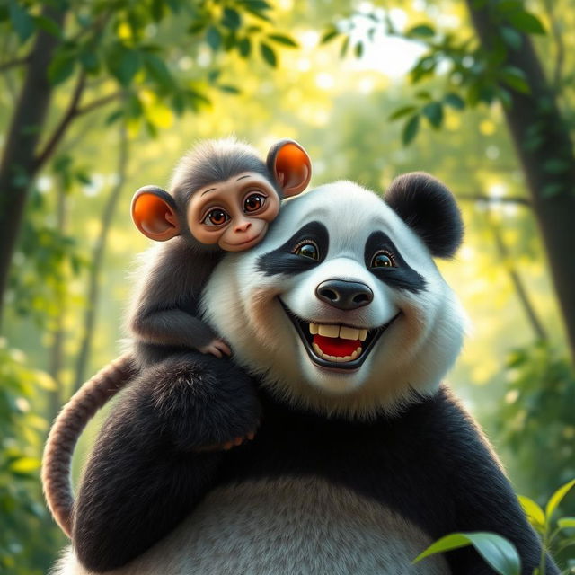 A playful scene featuring a panda and a monkey