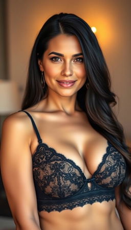 A close-up photograph of a stunning 40-year-old woman with long black hair, wearing a sexy bra that accentuates her large breasts