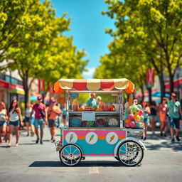 A vibrant street scene featuring a colorful ice cream cart situated in the foreground, surrounded by a lively summer atmosphere