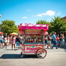 A vibrant street scene featuring a colorful ice cream cart situated in the foreground, surrounded by a lively summer atmosphere