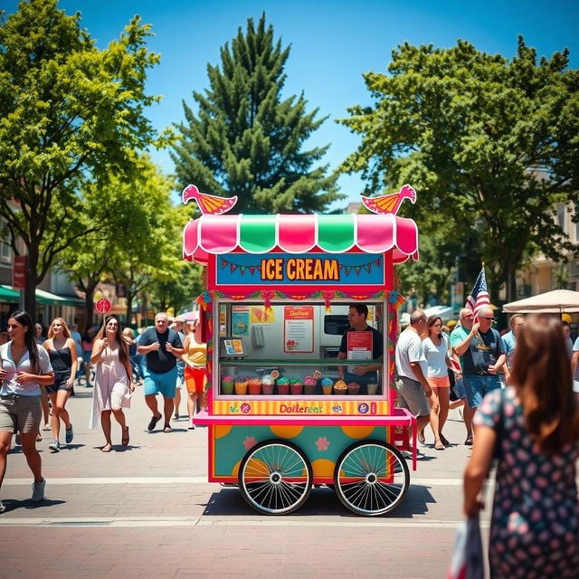 A vibrant street scene featuring a colorful ice cream cart situated in the foreground, surrounded by a lively summer atmosphere