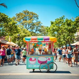 A vibrant street scene featuring a colorful ice cream cart situated in the foreground, surrounded by a lively summer atmosphere