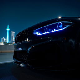 A stunning black BMW M3 G80 parked at night, showcasing its sleek design and aggressive stance