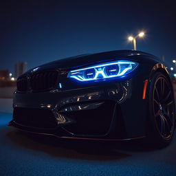 A stunning black BMW M3 G80 parked at night, showcasing its sleek design and aggressive stance
