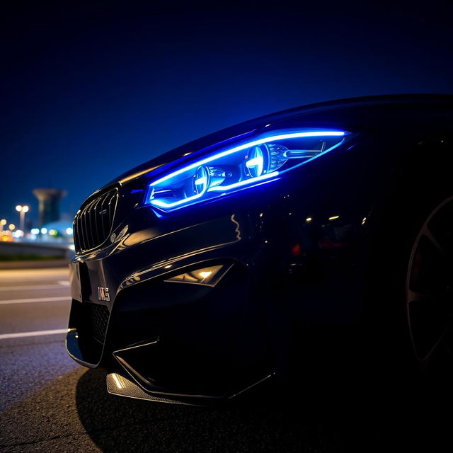 A stunning black BMW M3 G80 parked at night, showcasing its sleek design and aggressive stance