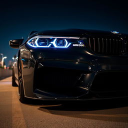 A stunning black BMW M3 G80 parked at night, showcasing its sleek design and aggressive stance