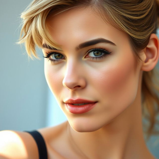 A close-up portrait of a stylish woman with a trendy hairstyle featuring small, wing-like front hair strands that frame her face