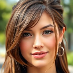 A close-up portrait of a stylish woman with a trendy hairstyle featuring small, wing-like front hair strands that frame her face