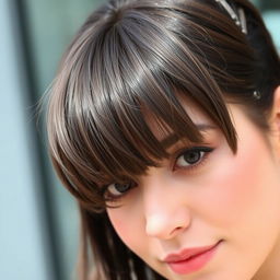 A close-up portrait of a stylish woman with a trendy hairstyle featuring small, wing-like front hair strands that frame her face