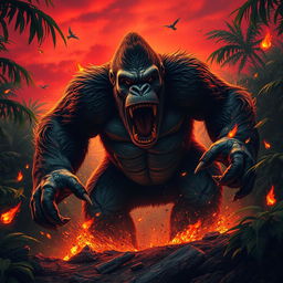 A striking hybrid Kong, featuring scaly skin and menacing sharp dinosaur teeth, crashes powerfully through a dense jungle, causing the ground to tremble with every massive step
