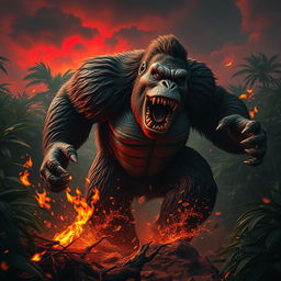 A striking hybrid Kong, featuring scaly skin and menacing sharp dinosaur teeth, crashes powerfully through a dense jungle, causing the ground to tremble with every massive step