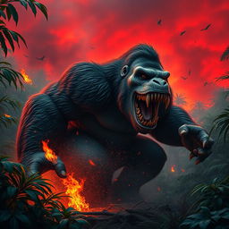 A striking hybrid Kong, featuring scaly skin and menacing sharp dinosaur teeth, crashes powerfully through a dense jungle, causing the ground to tremble with every massive step