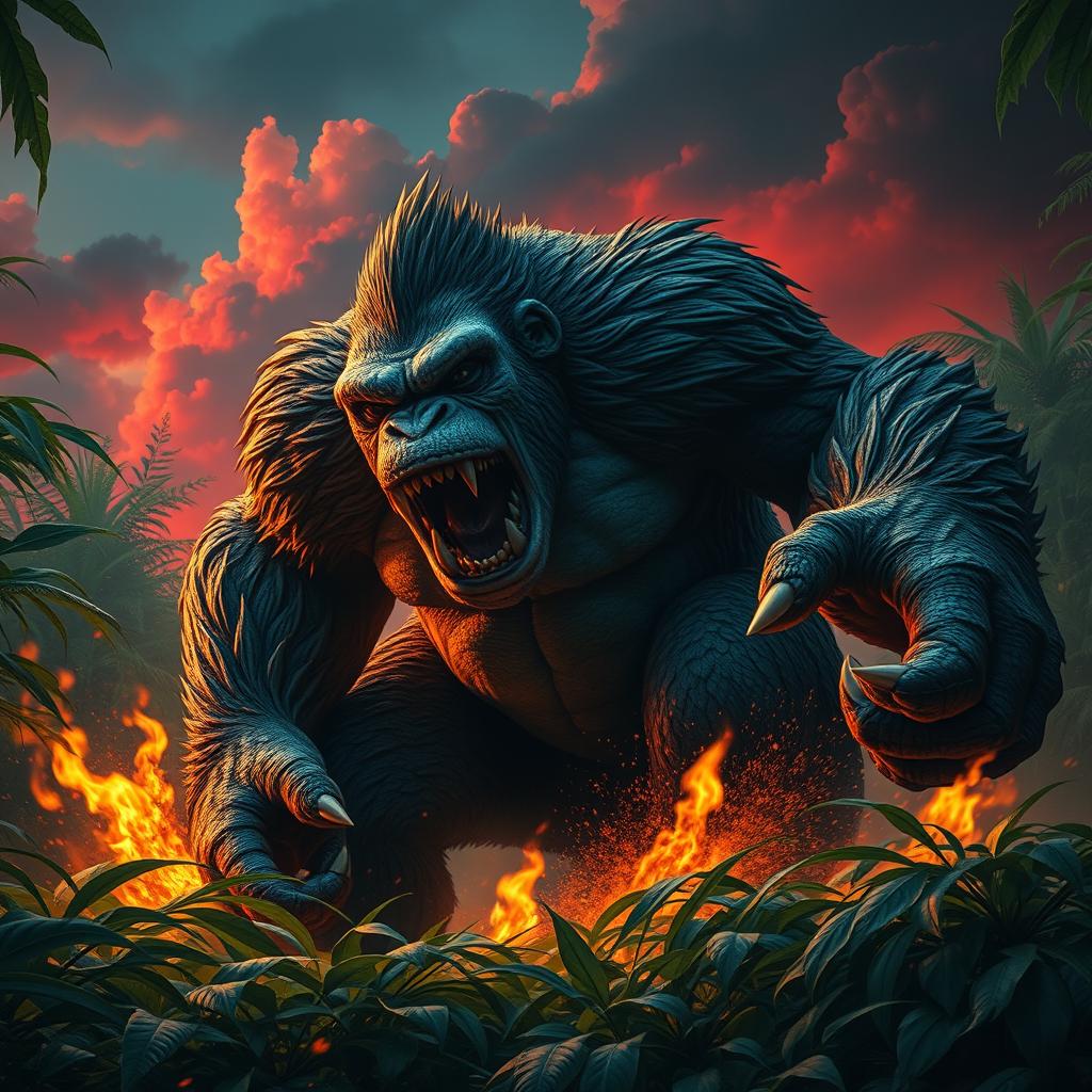 A striking hybrid Kong, featuring scaly skin and menacing sharp dinosaur teeth, crashes powerfully through a dense jungle, causing the ground to tremble with every massive step