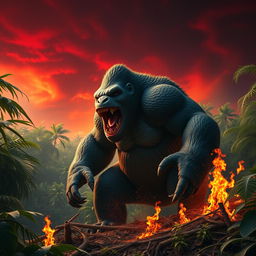A hybrid Kong, characterized by its striking scaly skin and sharp dinosaur teeth, ferociously breaks through a dense jungle, with the ground shaking beneath its powerful steps