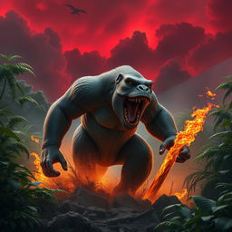 A hybrid Kong, characterized by its striking scaly skin and sharp dinosaur teeth, ferociously breaks through a dense jungle, with the ground shaking beneath its powerful steps
