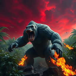 A hybrid Kong, characterized by its striking scaly skin and sharp dinosaur teeth, ferociously breaks through a dense jungle, with the ground shaking beneath its powerful steps