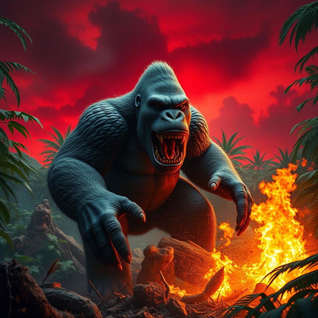 A hybrid Kong, characterized by its striking scaly skin and sharp dinosaur teeth, ferociously breaks through a dense jungle, with the ground shaking beneath its powerful steps