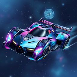 A futuristic galaxy-themed race car designed with transformer elements, featuring sleek metallic body, vibrant cosmic colors like deep blues and purples, with glowing neon accents