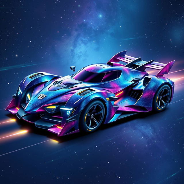 A futuristic galaxy-themed race car designed with transformer elements, featuring sleek metallic body, vibrant cosmic colors like deep blues and purples, with glowing neon accents