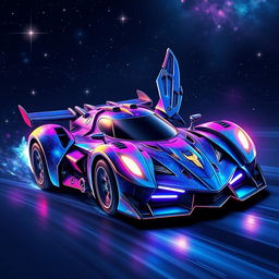 A futuristic galaxy-themed race car designed with transformer elements, featuring sleek metallic body, vibrant cosmic colors like deep blues and purples, with glowing neon accents