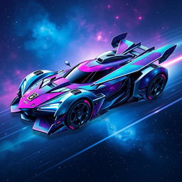 A futuristic galaxy-themed race car designed with transformer elements, featuring sleek metallic body, vibrant cosmic colors like deep blues and purples, with glowing neon accents