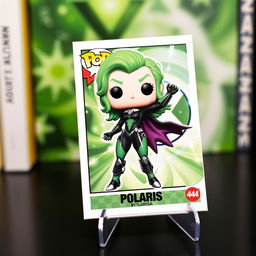 A vibrant and detailed trading card featuring a Funko Pop style illustration of Comics Polaris from the X-Men