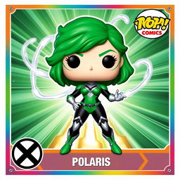 A vibrant and detailed trading card featuring a Funko Pop style illustration of Comics Polaris from the X-Men
