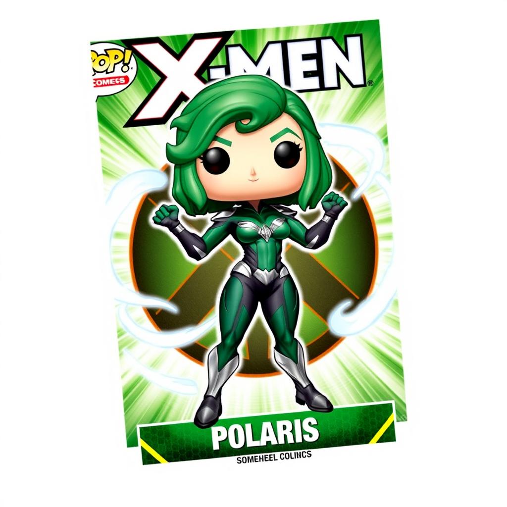 A vibrant and detailed trading card featuring a Funko Pop style illustration of Comics Polaris from the X-Men