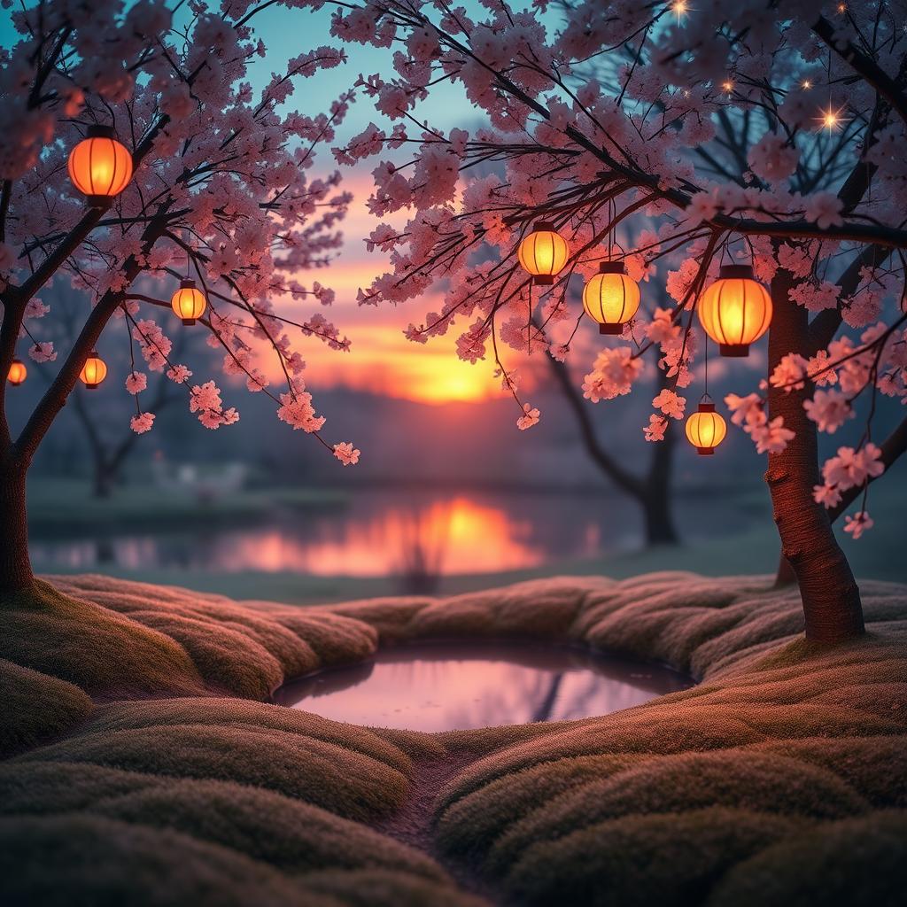 A dreamy and ethereal scene featuring a serene garden at twilight, adorned with glowing lanterns hanging from delicate cherry blossom trees