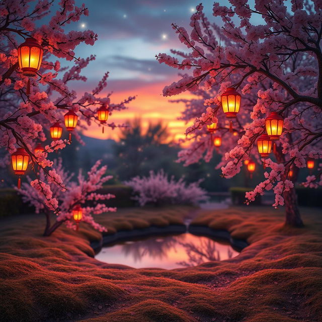 A dreamy and ethereal scene featuring a serene garden at twilight, adorned with glowing lanterns hanging from delicate cherry blossom trees