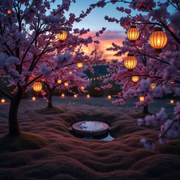 A dreamy and ethereal scene featuring a serene garden at twilight, adorned with glowing lanterns hanging from delicate cherry blossom trees