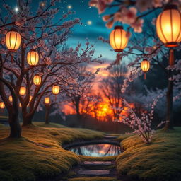 A dreamy and ethereal scene featuring a serene garden at twilight, adorned with glowing lanterns hanging from delicate cherry blossom trees