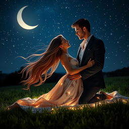 A romantic night scene titled "Passion sous les Étoiles“, featuring a couple embraced under a starry sky