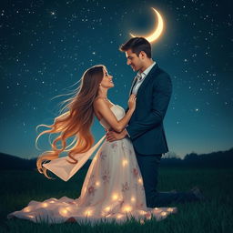 A romantic night scene titled "Passion sous les Étoiles“, featuring a couple embraced under a starry sky