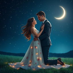 A romantic night scene titled "Passion sous les Étoiles“, featuring a couple embraced under a starry sky
