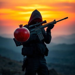 A mysterious figure stands in a dramatic landscape, holding a sleek, modern sniper rifle in one hand and a vibrant, ripe pomegranate in the other