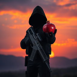 A mysterious figure stands in a dramatic landscape, holding a sleek, modern sniper rifle in one hand and a vibrant, ripe pomegranate in the other