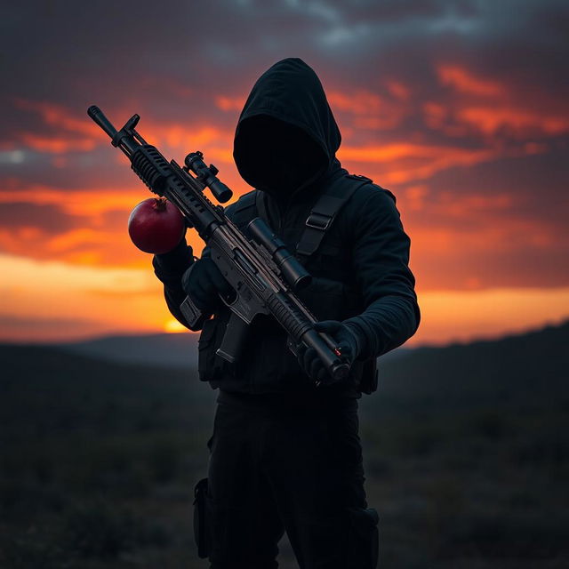 A mysterious figure stands in a dramatic landscape, holding a sleek, modern sniper rifle in one hand and a vibrant, ripe pomegranate in the other