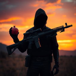 A mysterious figure stands in a dramatic landscape, holding a sleek, modern sniper rifle in one hand and a vibrant, ripe pomegranate in the other