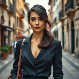 A 39-year-old woman with dark hair and elegant Italian features, fully dressed in stylish attire