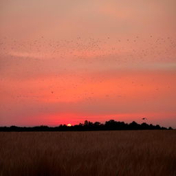 A serene sunset over a wheat field with the silhouettes of birds in flight supporting a crimson and gold skyline.