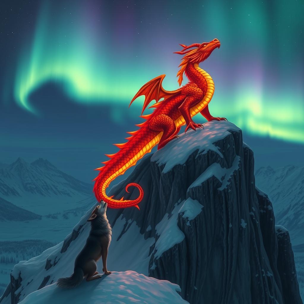 A majestic fiery dragon, its scales shimmering in vibrant hues of red and orange, perches atop a rugged snowy cliff, surveying the serene landscape below