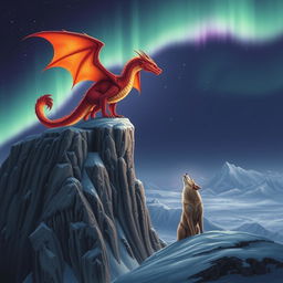 A majestic fiery dragon, its scales shimmering in vibrant hues of red and orange, perches atop a rugged snowy cliff, surveying the serene landscape below