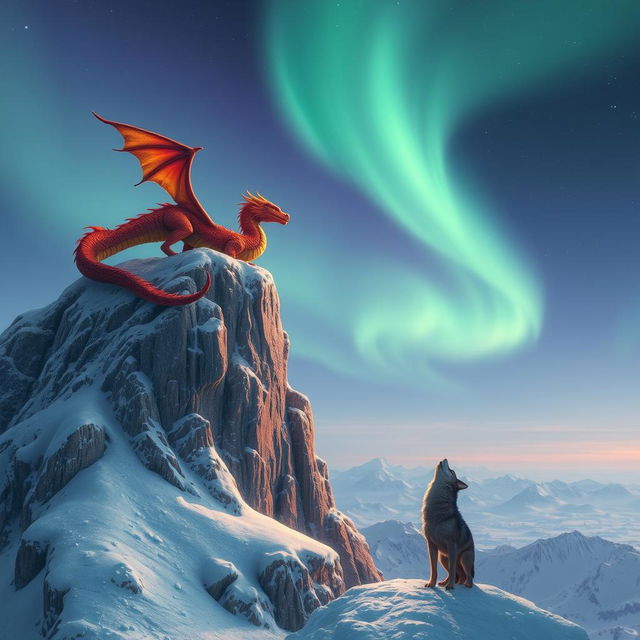 A majestic fiery dragon, its scales shimmering in vibrant hues of red and orange, perches atop a rugged snowy cliff, surveying the serene landscape below