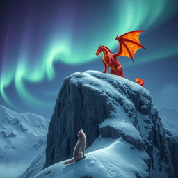 A majestic fiery dragon, its scales shimmering in vibrant hues of red and orange, perches atop a rugged snowy cliff, surveying the serene landscape below