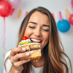 A close-up shot of a woman with long flowing hair, smiling joyfully as she takes a big bite out of a delicious slice of cake