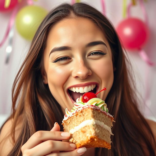 A close-up shot of a woman with long flowing hair, smiling joyfully as she takes a big bite out of a delicious slice of cake