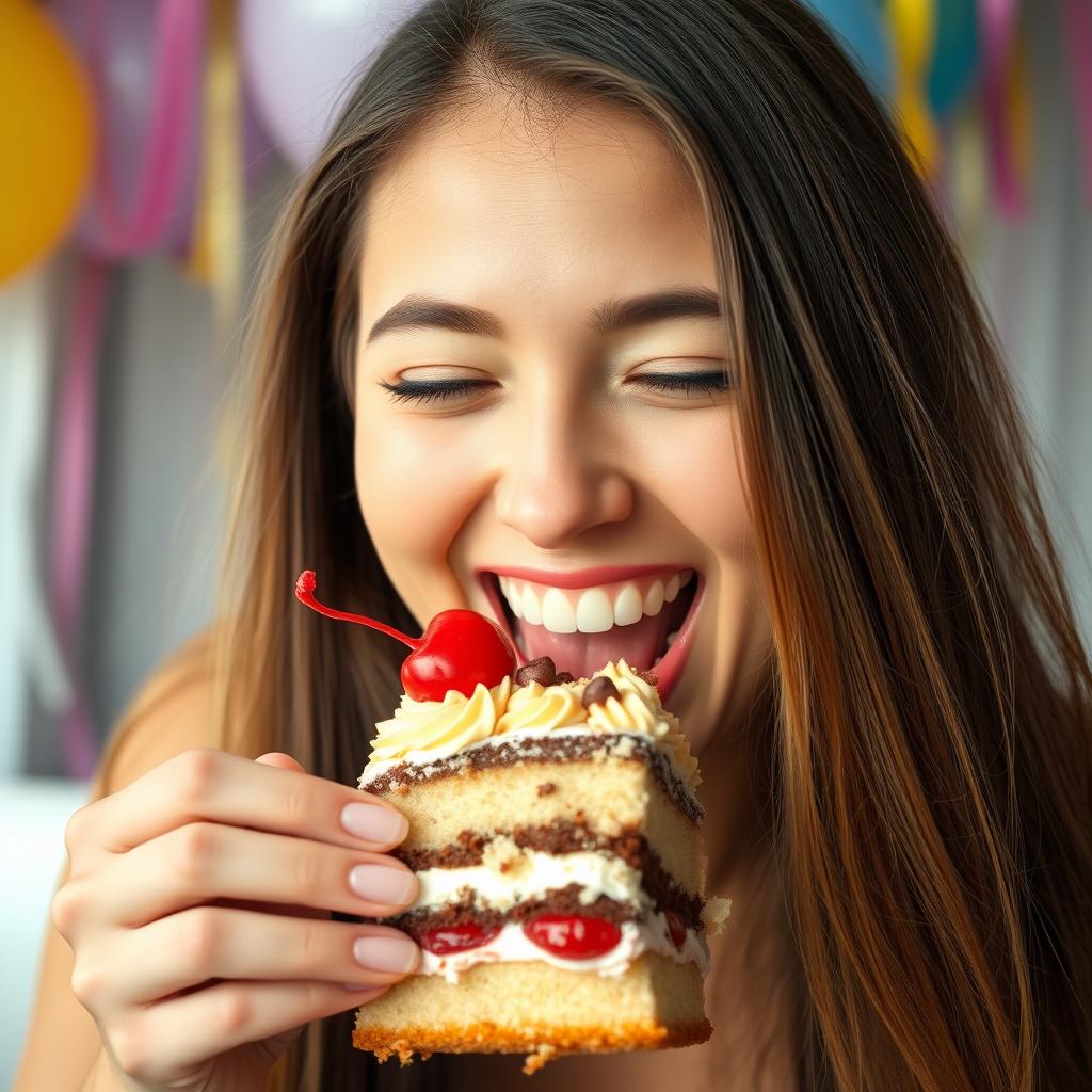 A close-up shot of a woman with long flowing hair, smiling joyfully as she takes a big bite out of a delicious slice of cake