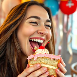 A close-up shot of a woman with long flowing hair, smiling joyfully as she takes a big bite out of a delicious slice of cake